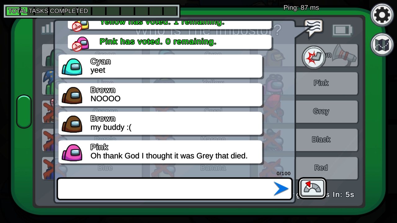 The meeting chat where the crew argue over a vote