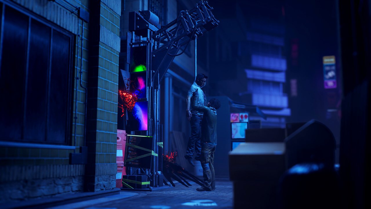 A neon-lit city street at night