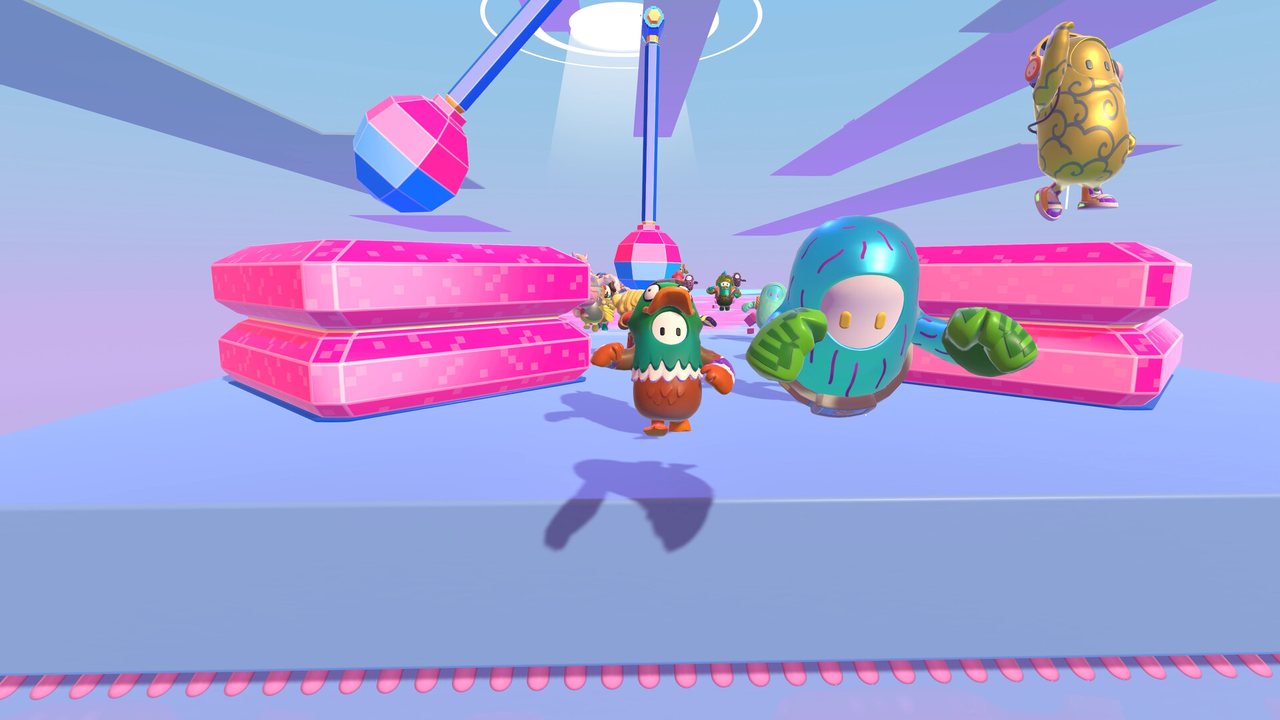 Beans dodging swinging hammers on a pink course