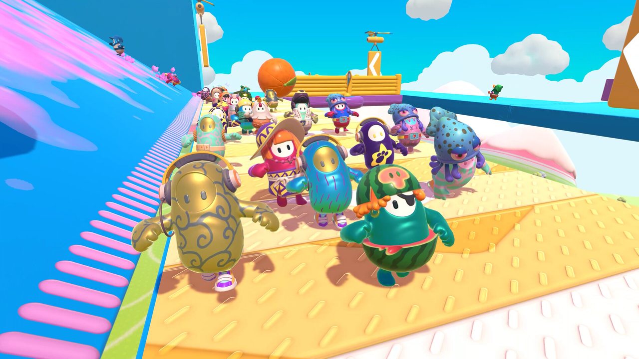 A crowd of beans charging up a slope of platforms
