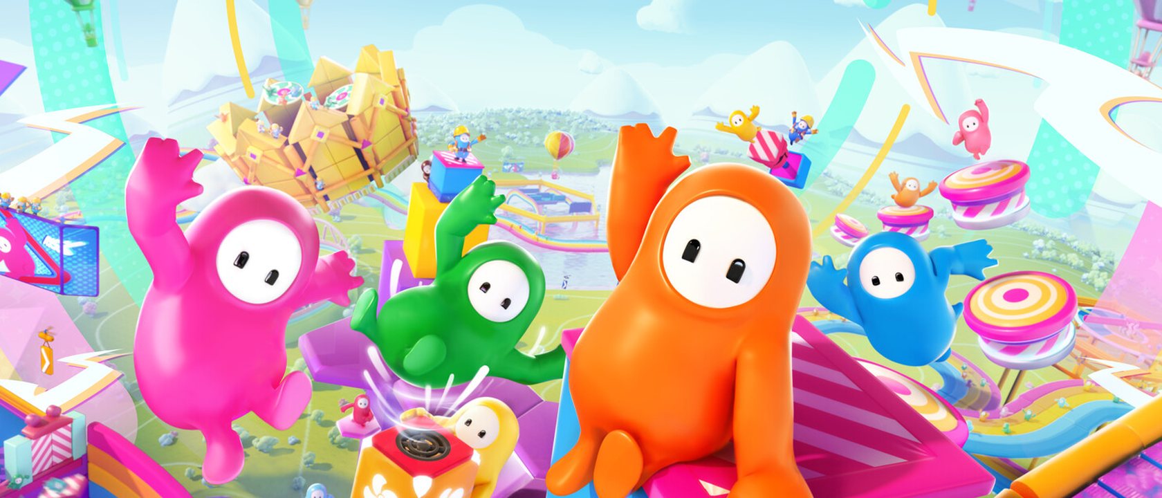 Fall Guys artwork: a crowd of colourful bean characters on a bright course