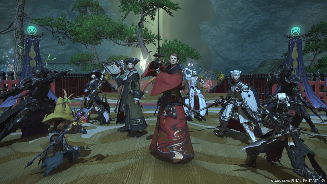 Adventurers gathered for battle on a green field