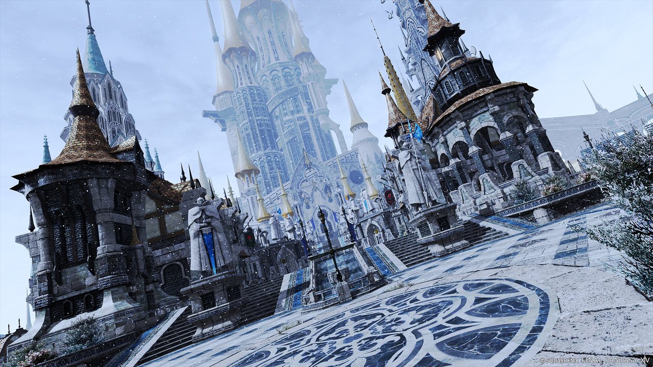 A snowy cathedral city under a pale sky