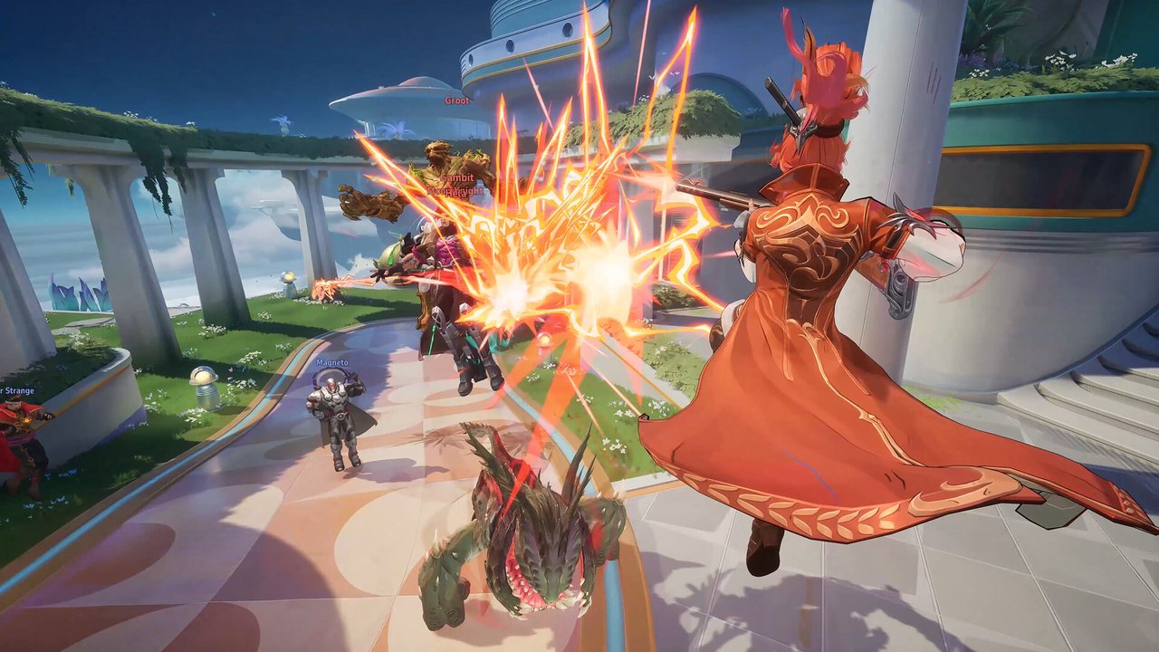 Heroes battling across a temple courtyard