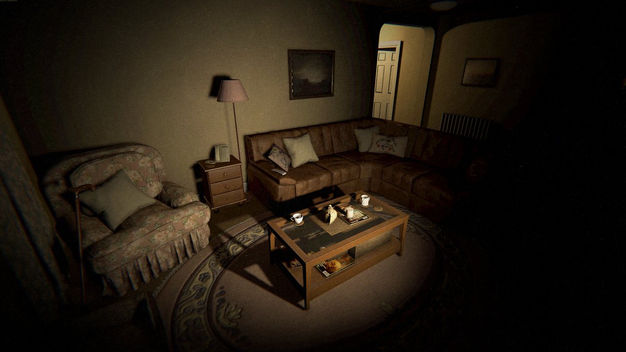 A dim living room with old furniture and a single lamp