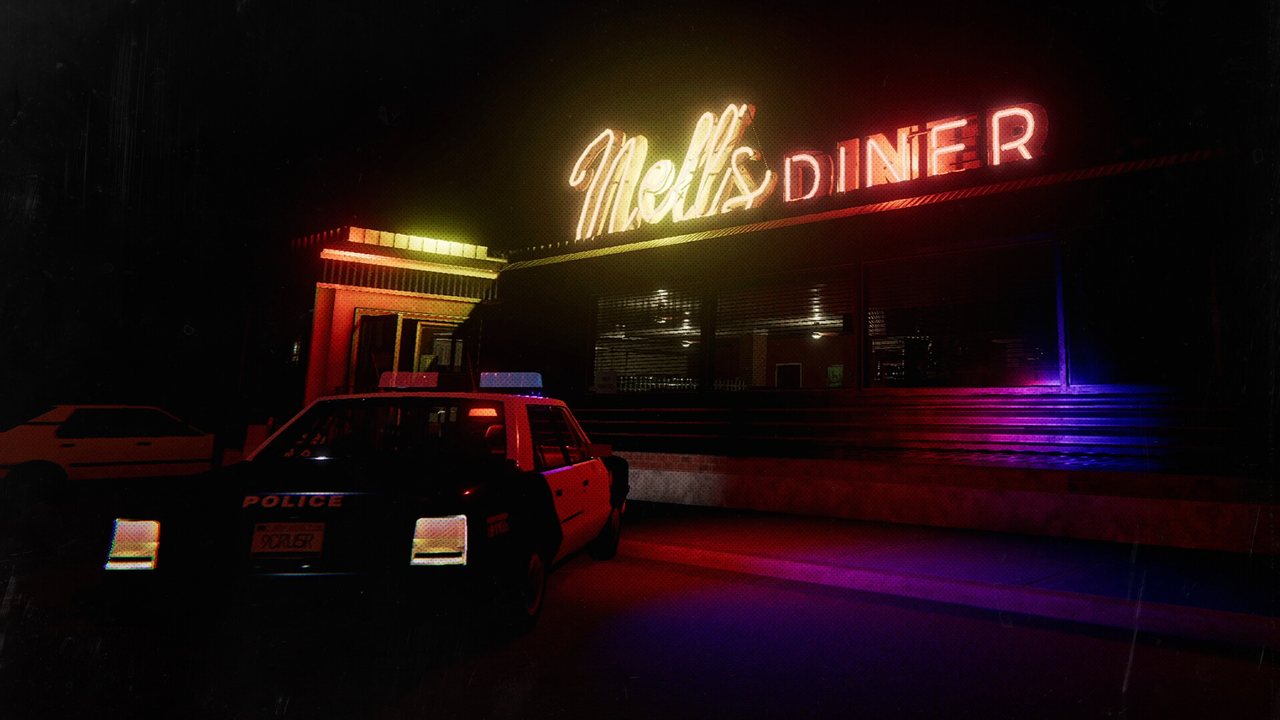 A neon diner sign glowing outside at night