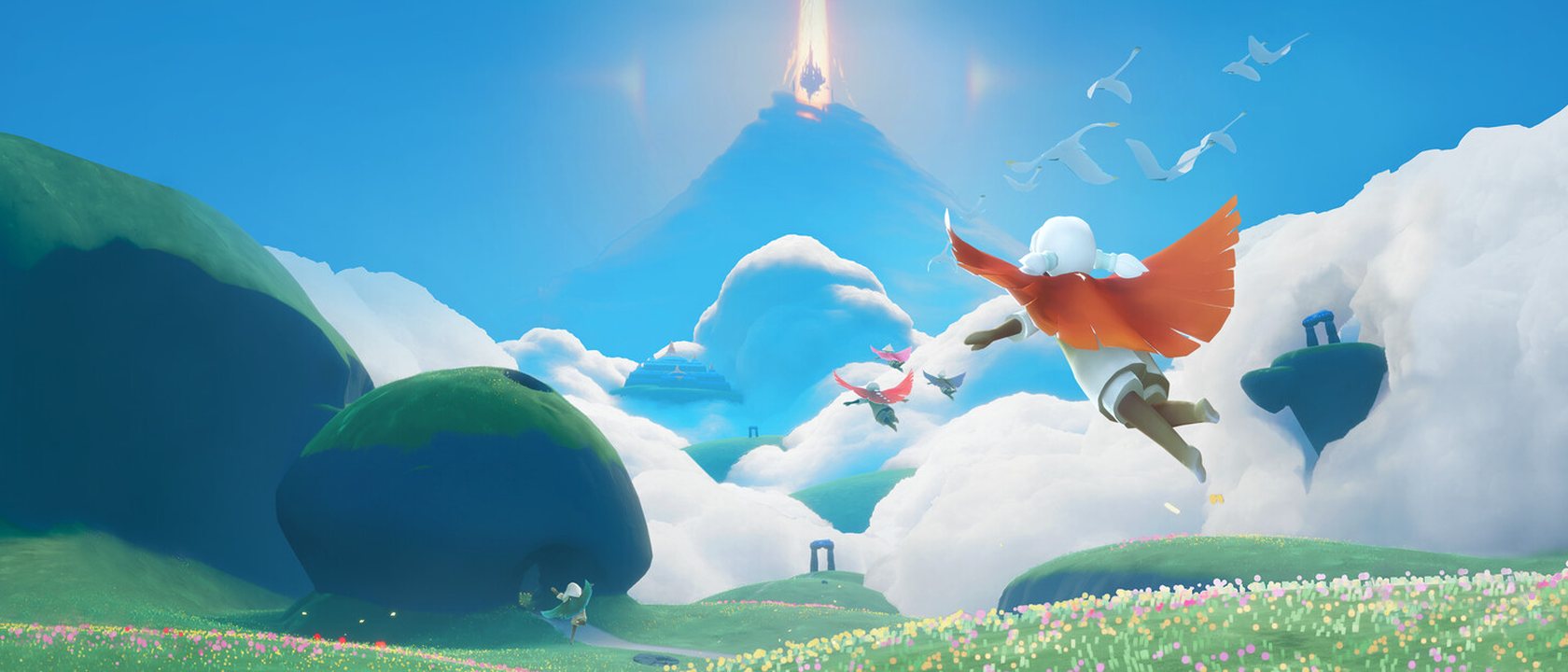 Sky: Children of the Light artwork: a caped child gliding above soft clouds