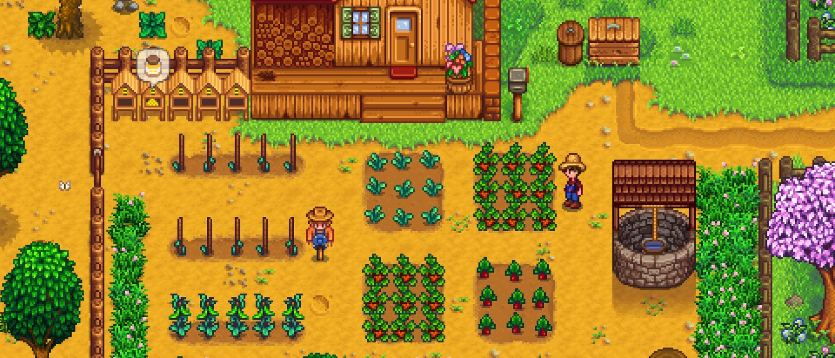 Stardew Valley: a farm with fields, a farmhouse and paths in summer