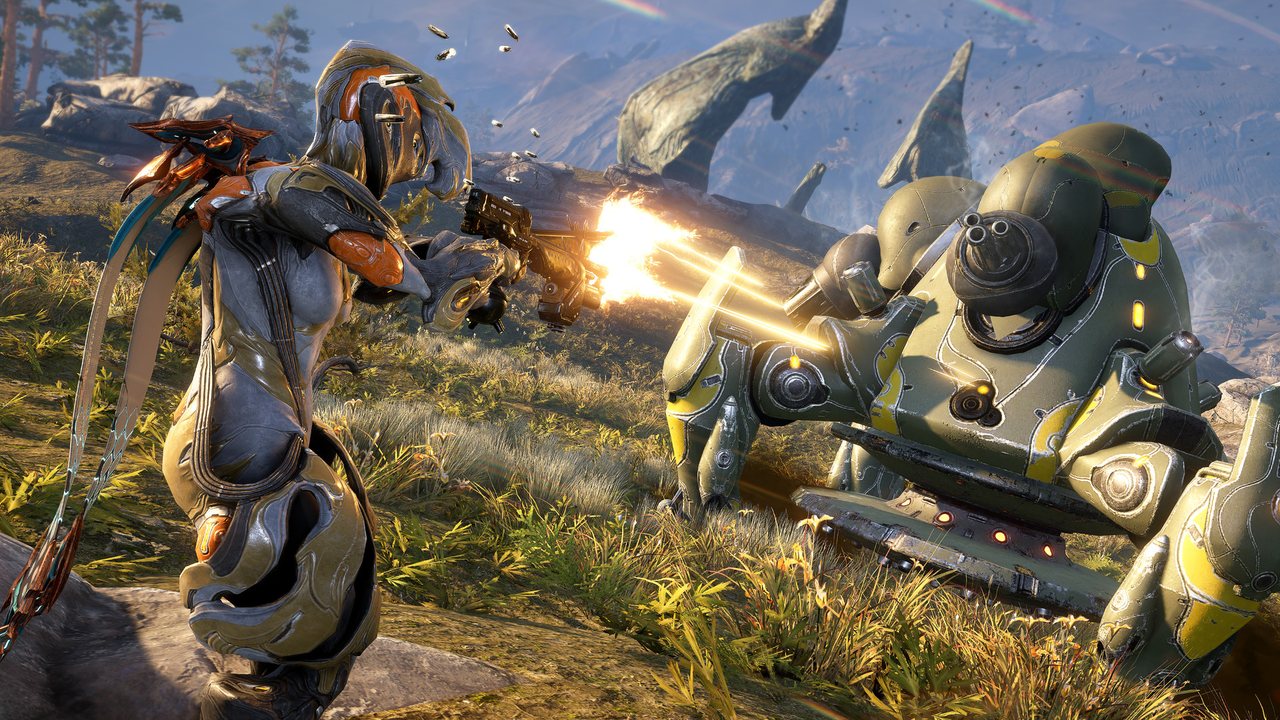 A squad of Warframes firing across a battlefield