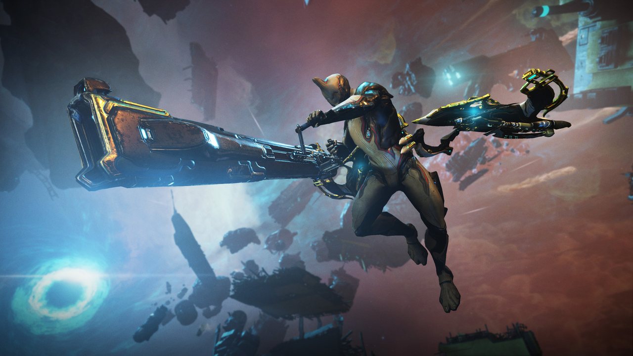 A Warframe swinging a glowing weapon