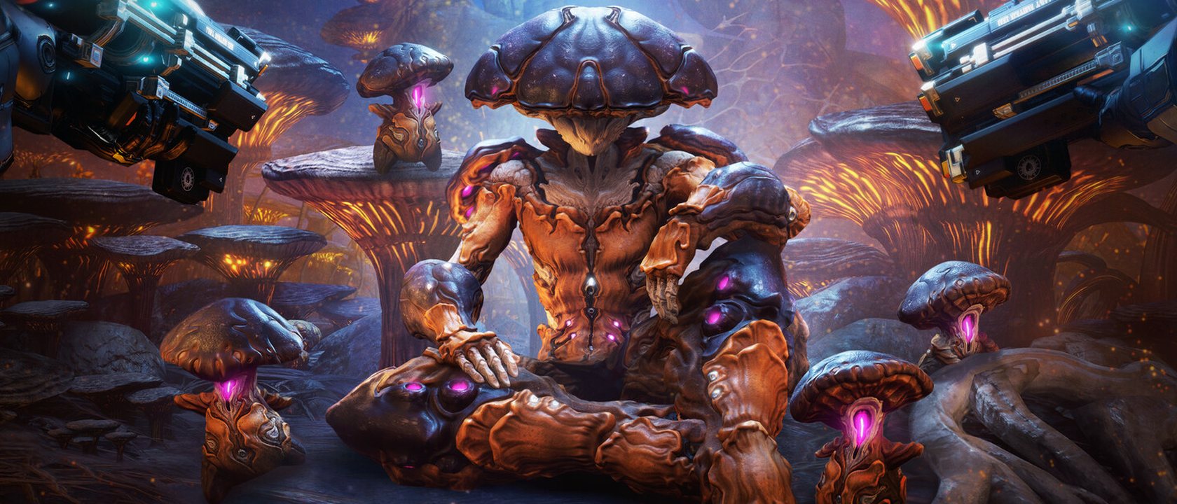Warframe artwork: armoured Warframes gathered for a mission